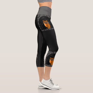 Leggings Capri Whimsical Boho Owl & Tropical Monstera Leaf