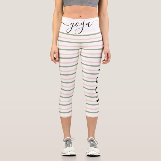 Leggings Capri Yoga Typographie rose et vert rayures (Recto)