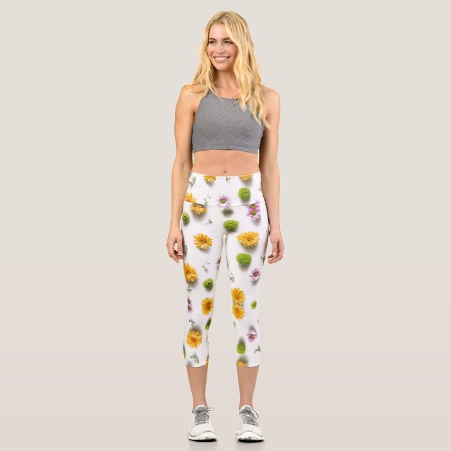Leggings Capri Zinnia jaune clair et rose sur arrière - plan blan (Recto)