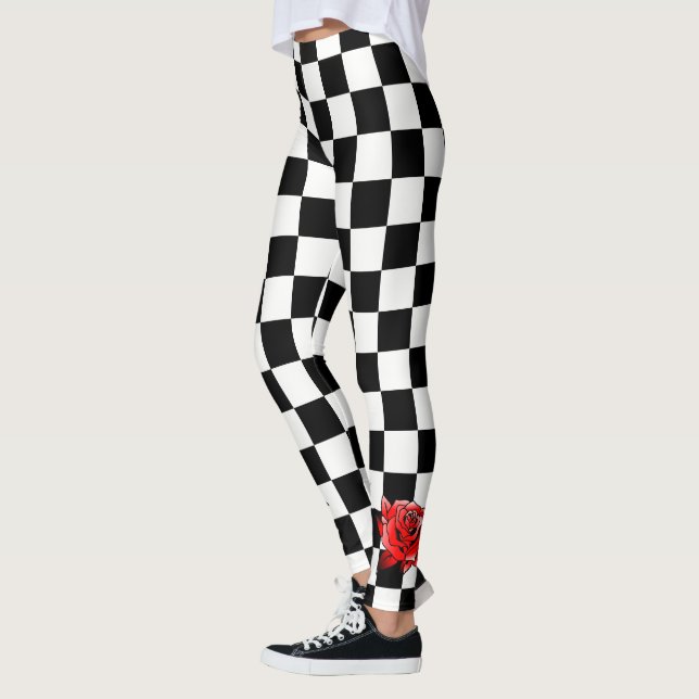 Leggings Carré Blanc Et Noir Et Fleur Rouge (Gauche)