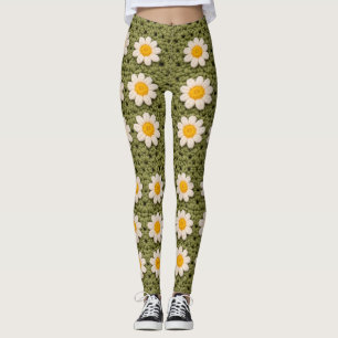 Leggings Carré de grand-mère Green Daisy Crochet Motif Flor