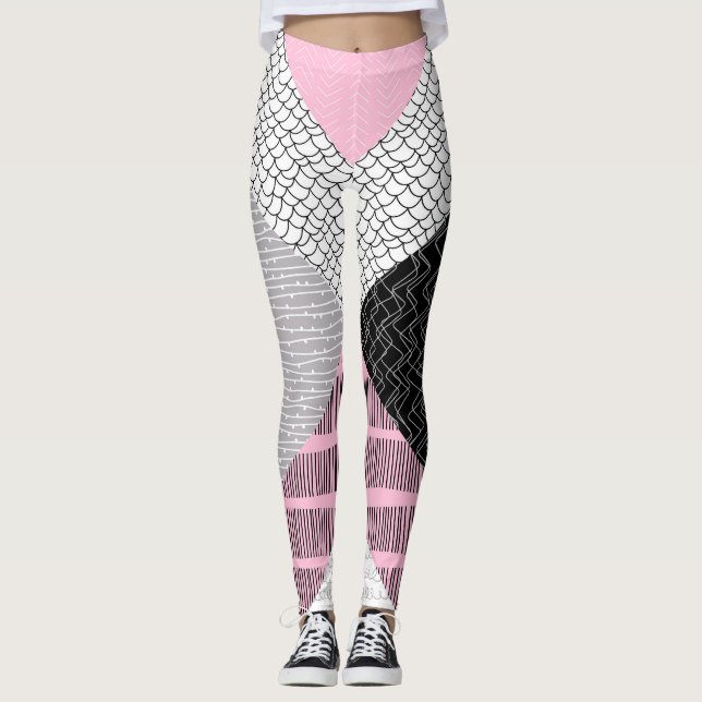 Leggings Carreaux de patchwork, motif de dessin main libre. (Devant)