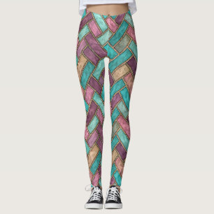 Leggings Carreaux en Chevron Teal et Mauve - Brique
