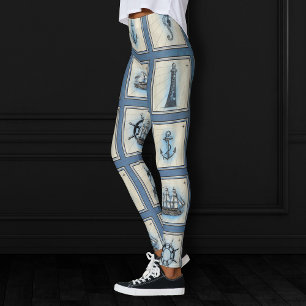 Leggings Carreaux marins Blue Lighthouse Ancre Ship Wheel