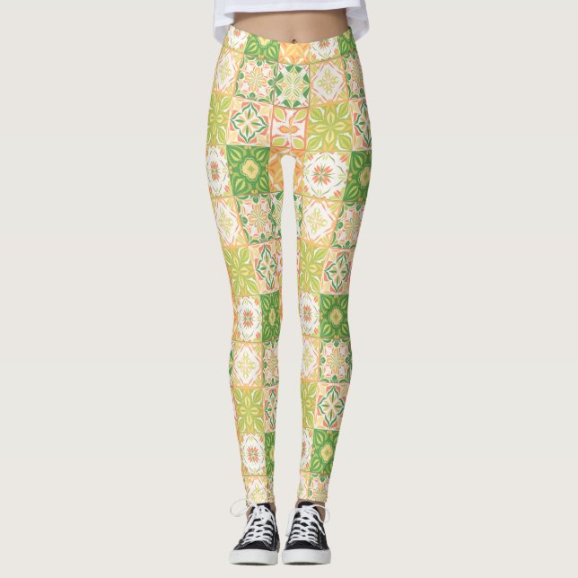 Leggings Carreaux ornés en vert et jaune (Devant)