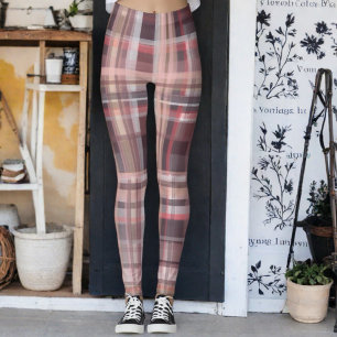 Leggings Carreaux tartan bordeaux rouge pêche rose à rayure