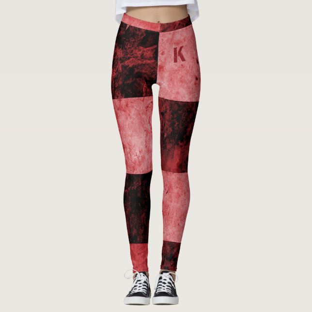 Leggings Carrelage noir rouge Monogramme Personnalisé (Devant)