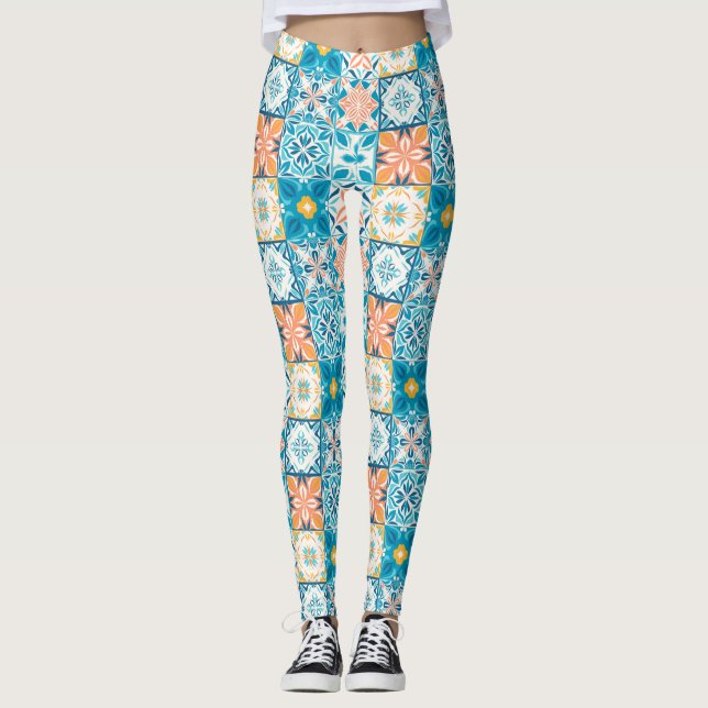 Leggings Carrelage orange et bleu (Devant)