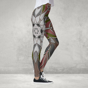 Leggings Carton Mandala Flower blanc rouge et vert