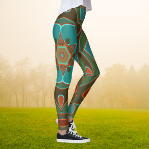 Leggings Carton Mandala Flower Blue et orange