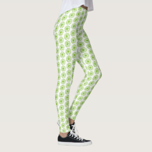 Leggings Chartreuse Green Daisy Print, Hippie Flower Print