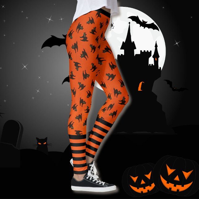 Leggings Chat carré Noir Orange Halloween Meilleure Qualité (Créateur téléchargé)
