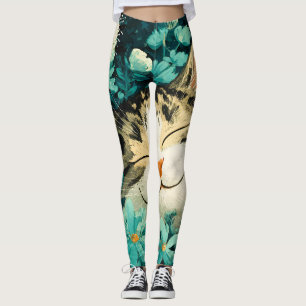 Leggings Chat de jardin endormi à l'aquarelle avec fleurs e