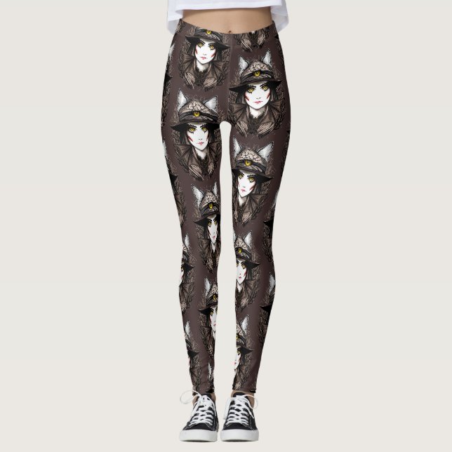 Leggings Chat de sorcière Halloween Déplaisant Portrait mig (Devant)