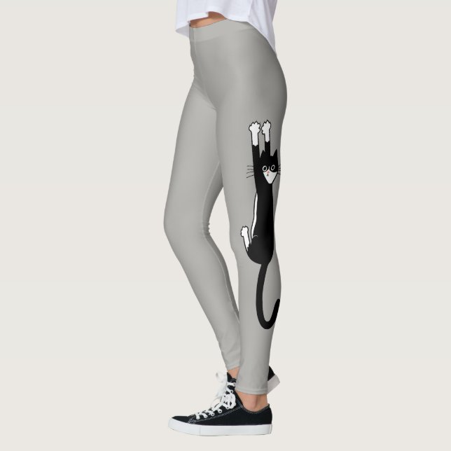 Leggings Chat noir et blanc accroché | Drôle Tuxedo Cat (Gauche)