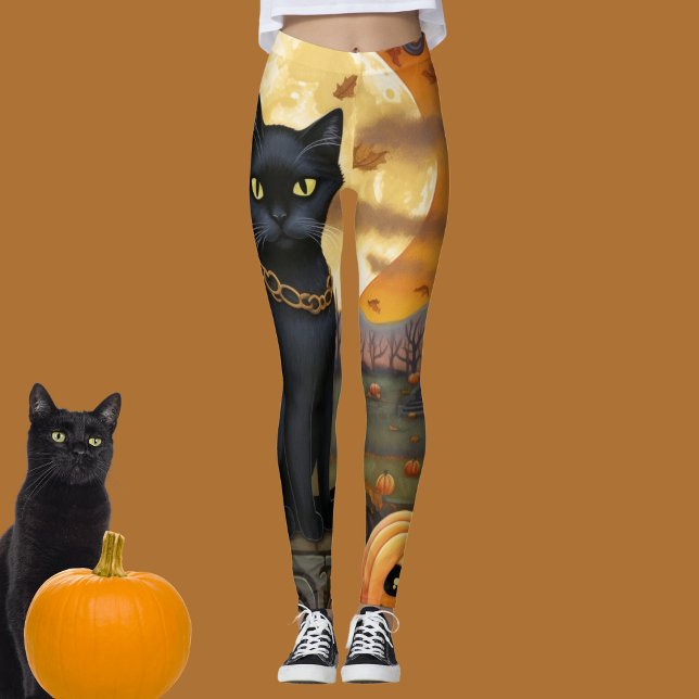 Leggings Chat noir sous une lune de récolte et Citrouilles (Black cat and harvest moon Halloween leggings for your costume and trick or treating! )