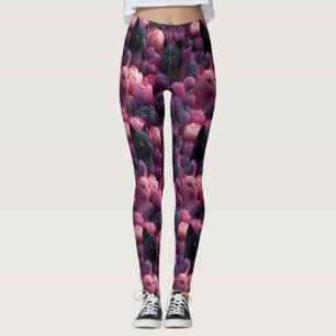 Leggings Chat noir surréaliste et motif floral de pivoine r