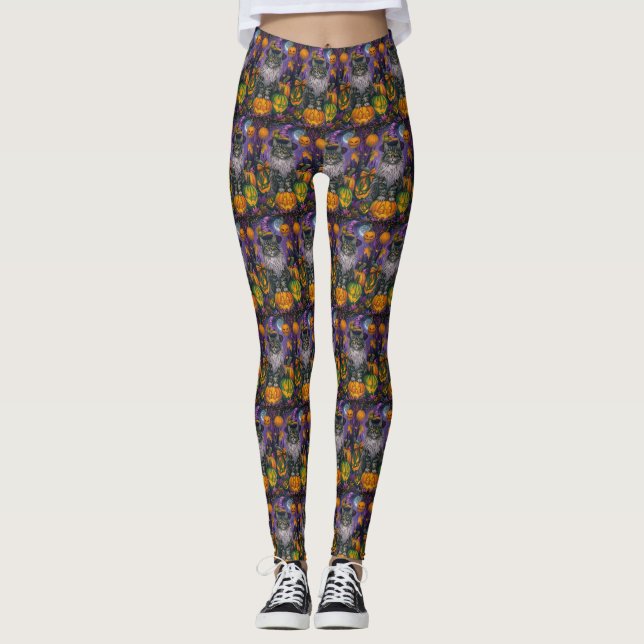 Leggings Chat Sibérien éffrayant Halloween sorcière et Citr (Devant)
