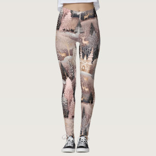 Leggings Château de fantaisie de cerf d'hiver rose Paysage