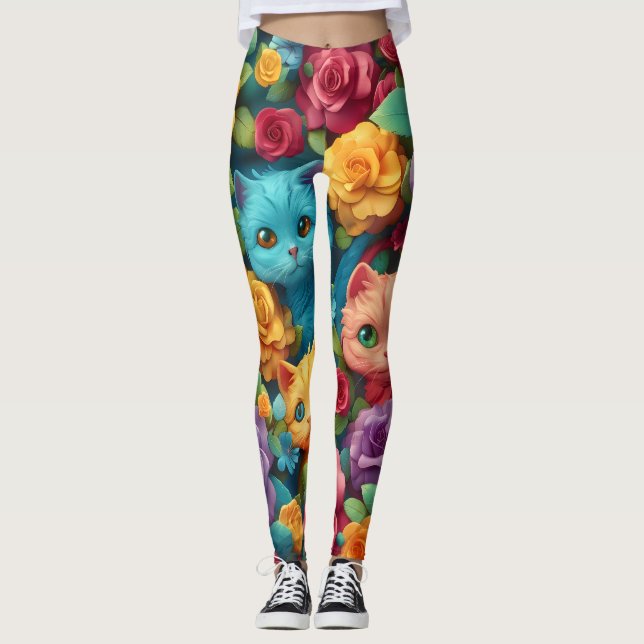 Leggings Chats colorés et fleurs joli design (Devant)