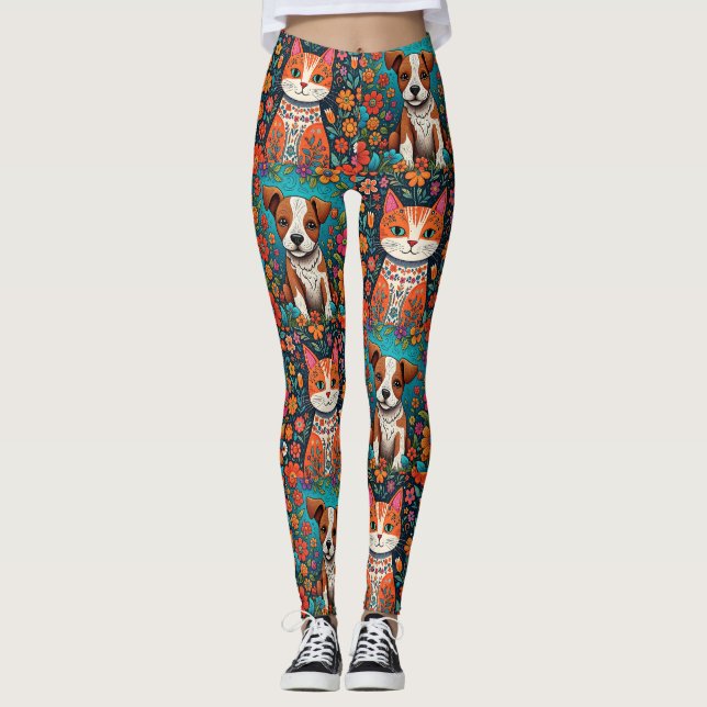 Leggings Chats de Whimsical et Chien avec Fleurs d'Art Folk (Devant)