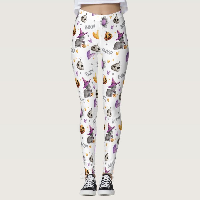 Leggings Chats d'Halloween orange et violet Citrouilles et  (Devant)