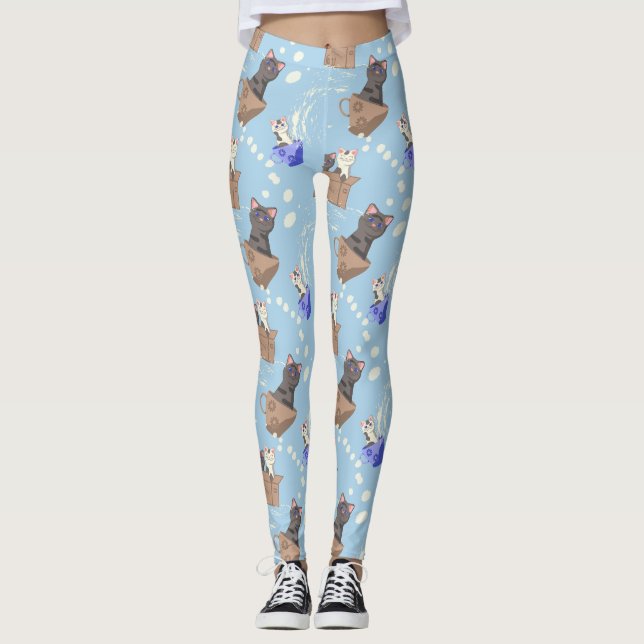 Leggings Chats en boîte et gouttes de lait sur bleu (Devant)