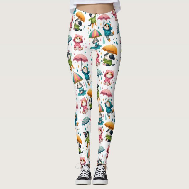 Leggings Chats et chiens à plume mignonne avec parapluies (Devant)