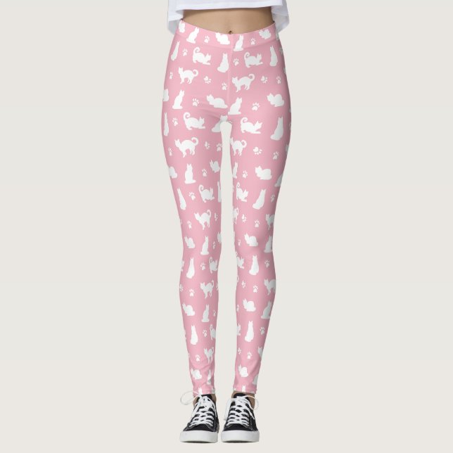 Leggings Chats et Empreintes de pattes blancs en rose (Devant)
