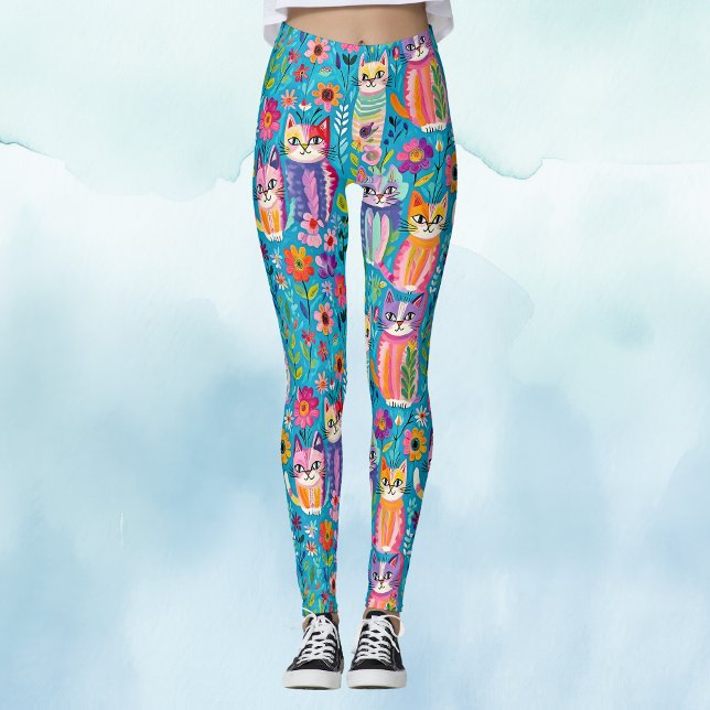 Leggings Chats et fleurs colorés Whimsical (Créateur téléchargé)