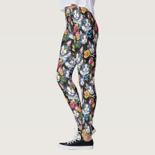 Leggings Chats Kitty Et Roses Sur Arrière - plan Noir