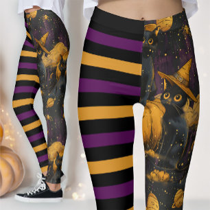 Leggings Chatte Sorcière d'Halloween Citrouille Rayée Viole