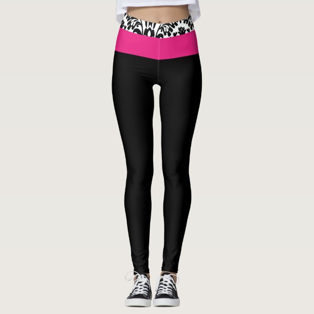 Leggings Chaud rose noir & blanc Damask Chic Gym Lounge (Devant)