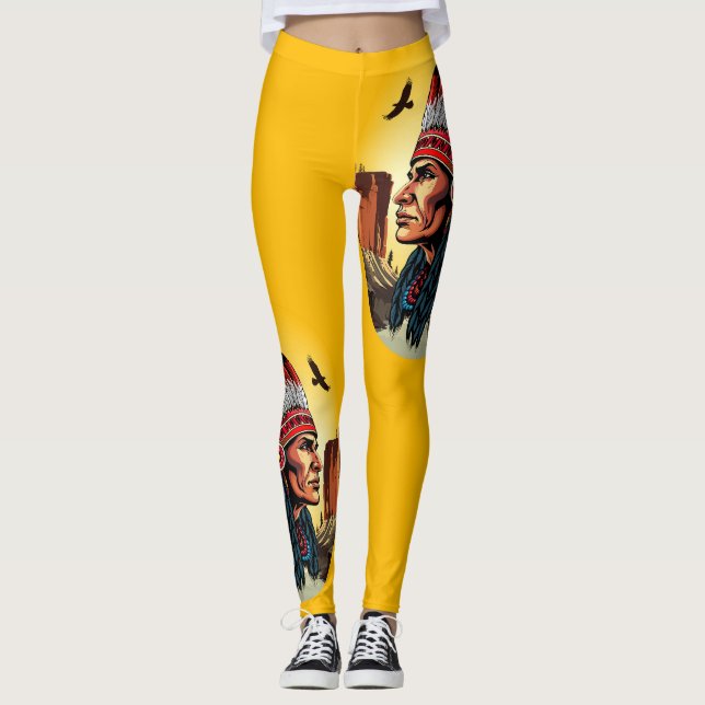 Leggings Chef amérindien sur paysage sauvage coucher de sol (Devant)
