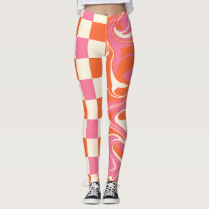 Leggings Chèques et tourbillons - rose, orange et crème