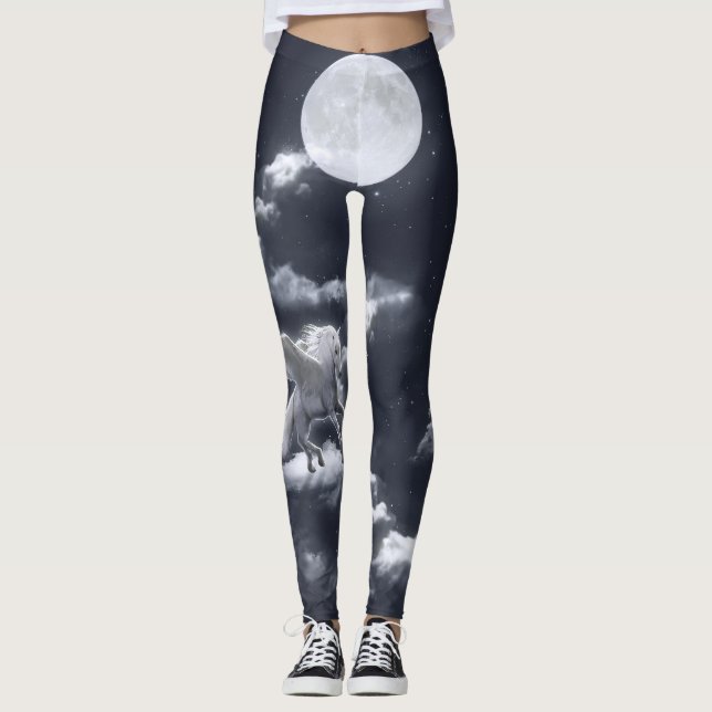 Leggings Cheval ailé blanc : ciel illuminé par la lune. (Devant)