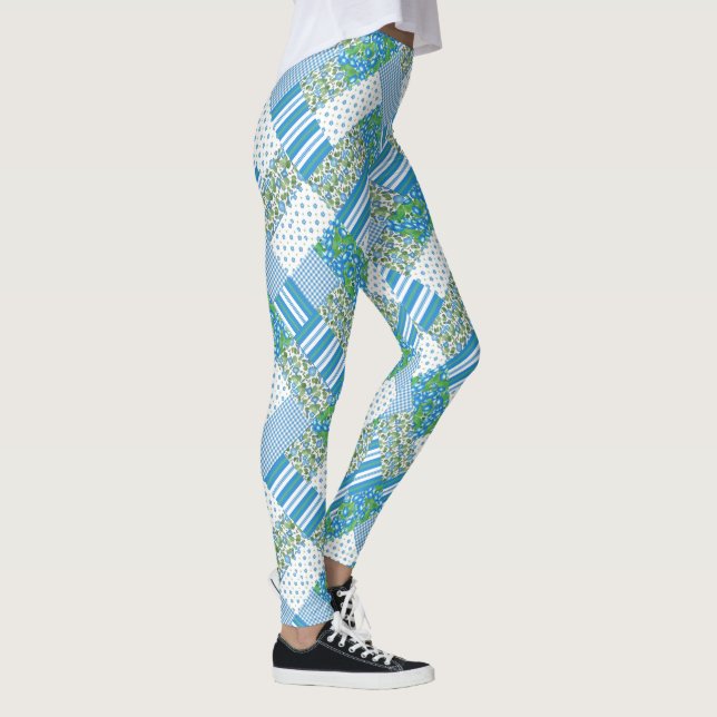 Leggings Chic Blue Morning Glory Faux Patchwork Motif (Droite)