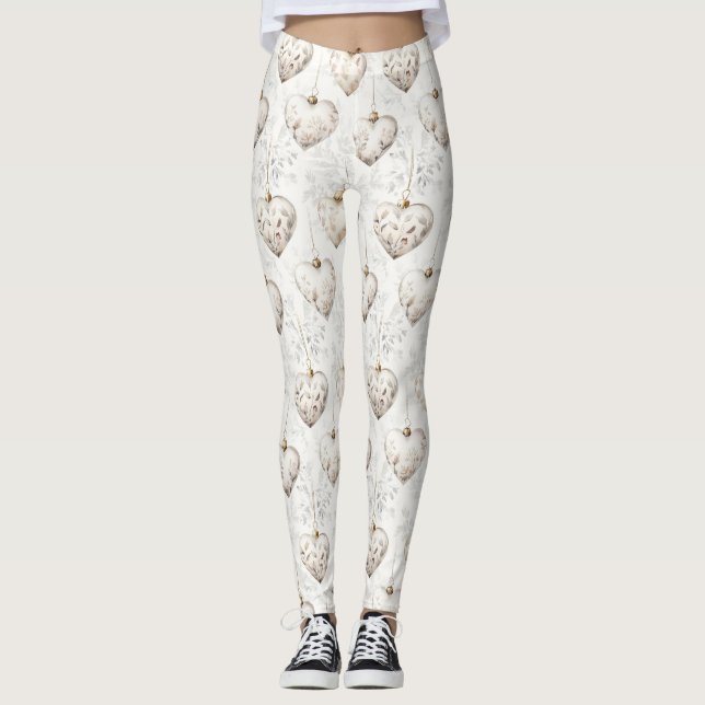 Leggings Chic Cream Grey Hearts Ornaments (Devant)