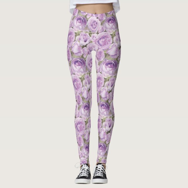 Leggings Chic Floral Lavender et Purple Rose Motif (Devant)