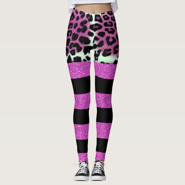 Leggings Chic Léopard rose et Parties scintillant rose noir (Devant)
