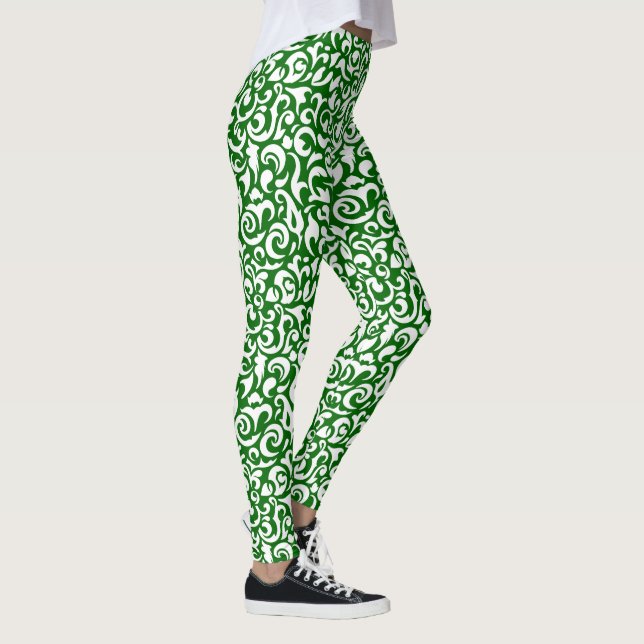 Leggings Chic Vert foncé blanc Damas Floral Art Motif (Droite)