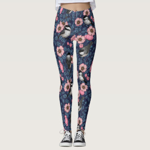 Leggings Chickadees in the wild rose in pink and blue