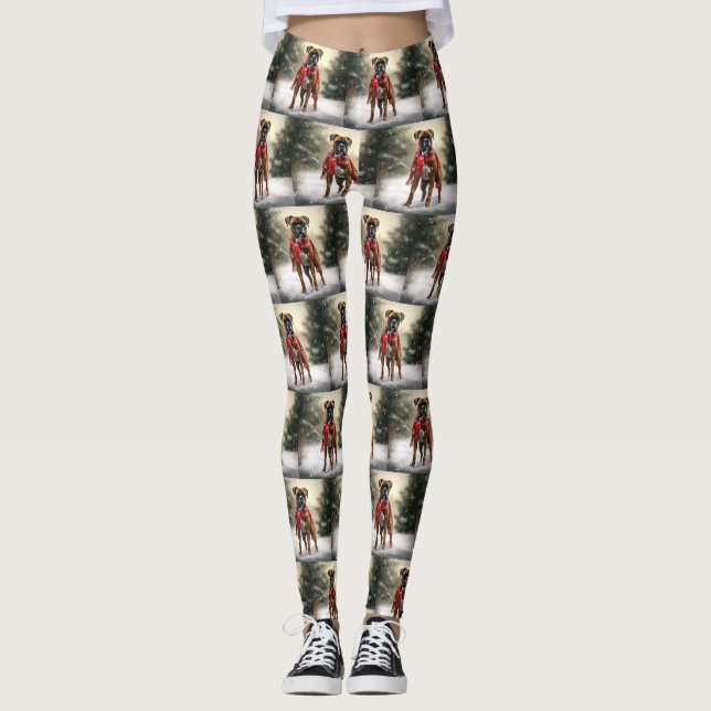 Leggings Chien de boxe en Noël de neige (Devant)
