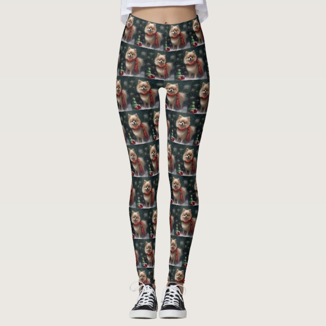 Leggings Chien de Poméranie en Noël de neige (Devant)