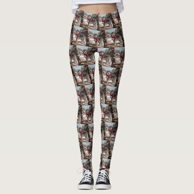 Leggings Chien malamué de l'Alaska en Noël de neige (Devant)