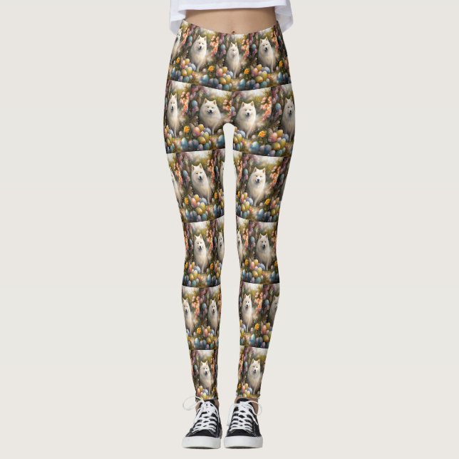 Leggings Chien Samoyé avec oeufs de Pâques vacances (Devant)