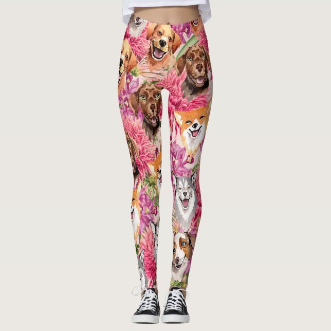 Leggings Chiens et fleurs heureux (Devant)
