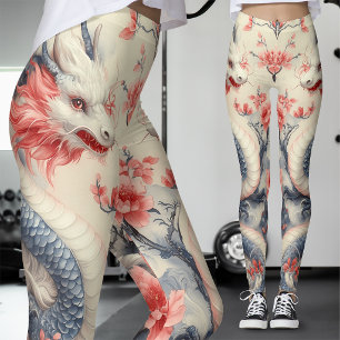 Leggings Chinoiserie Sakura Dragon Fleurs rose pâle