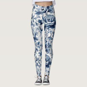 Leggings Chinoiserie Toile Bleu Blancs pivoines Florales Fl