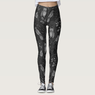 Leggings Chouette Nature Oiseau Art en gris noir blanc